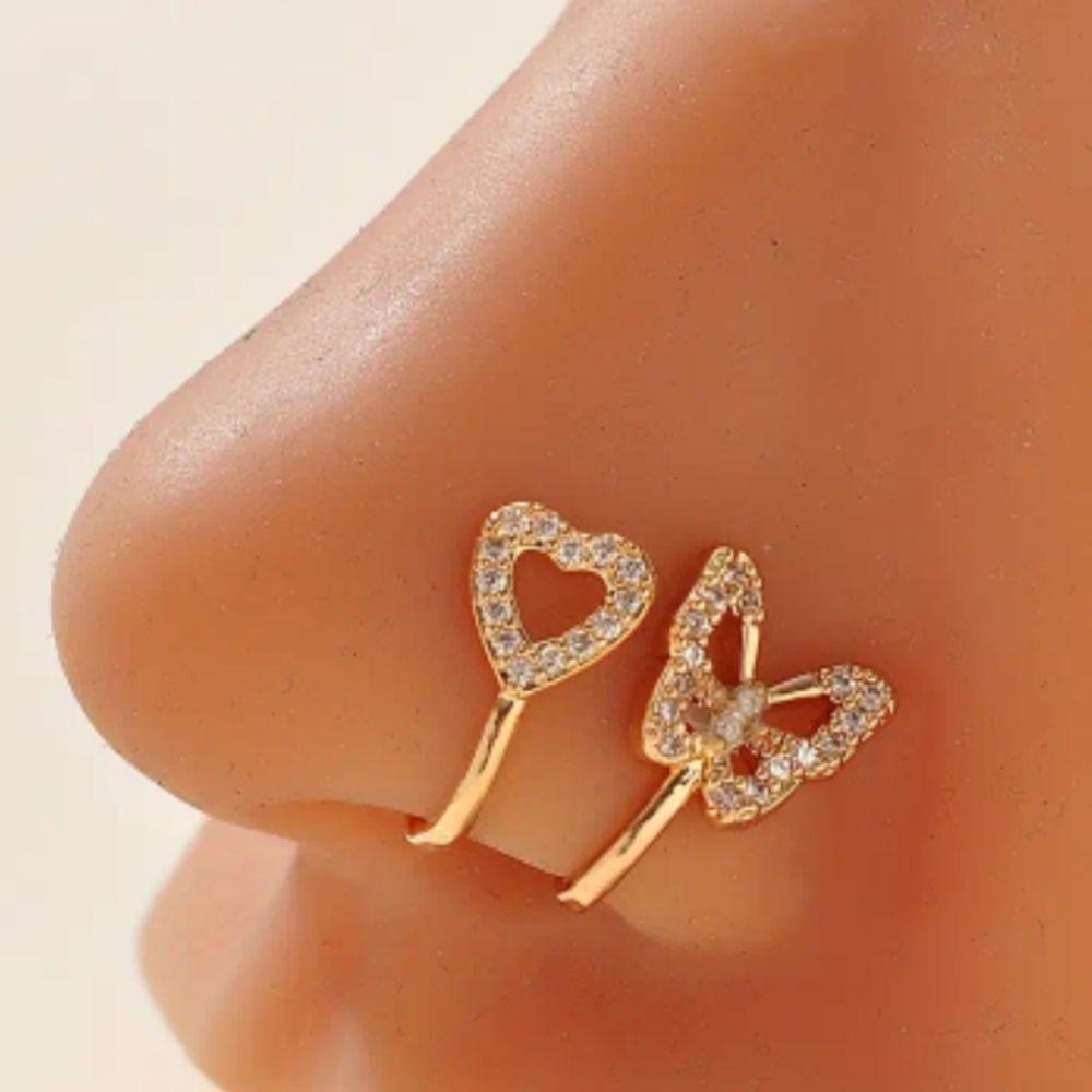 Gold Heart and Butterfly nose clips Earrings